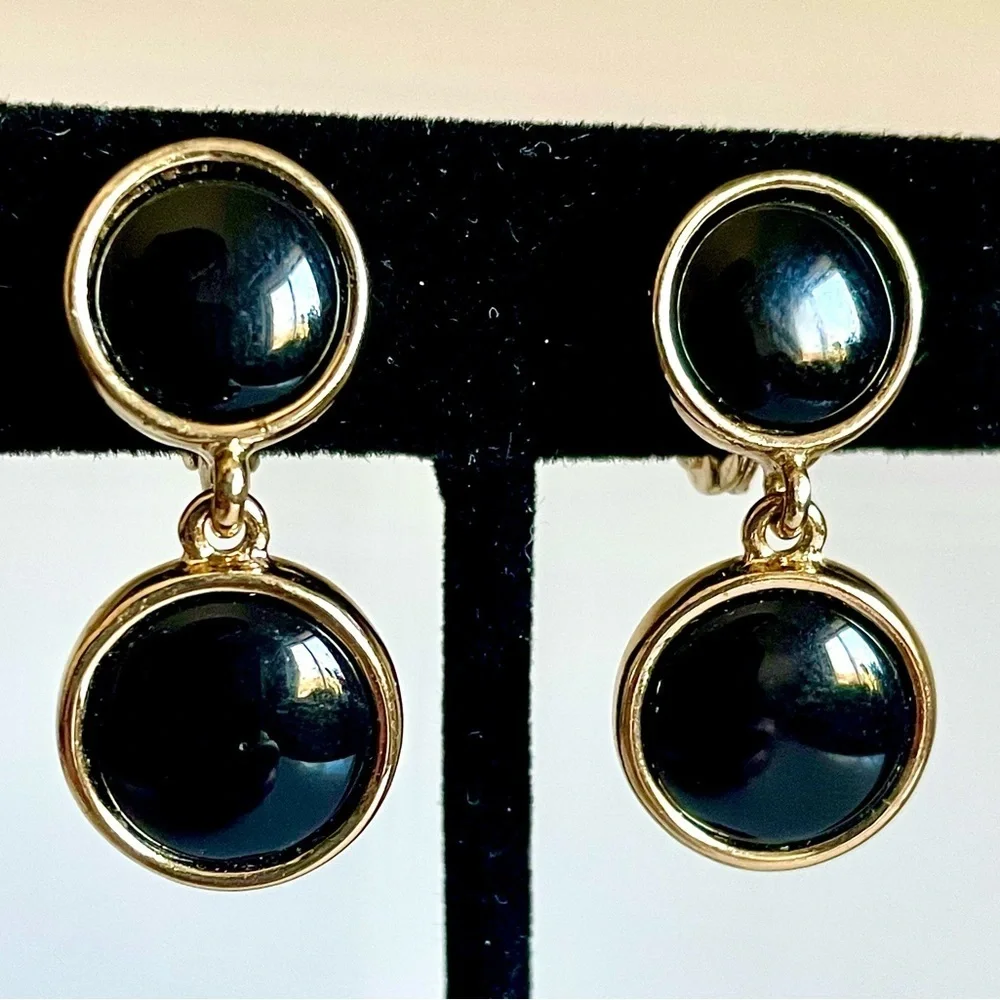 Napier Vintage Black Cabochon Gold Tone Drop Clip On Earrings Signed 1980s EUC